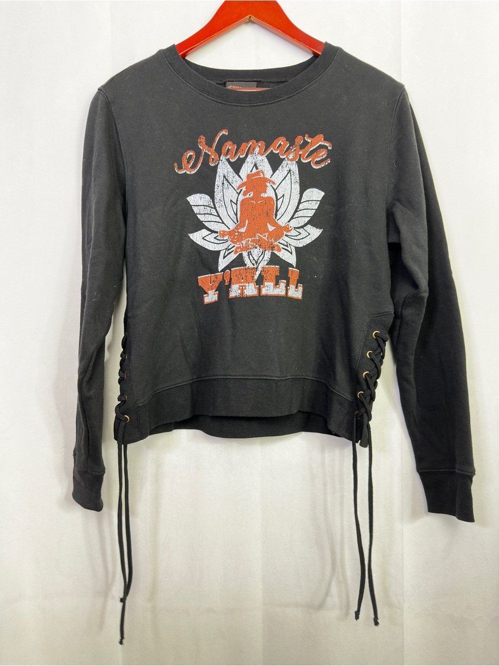 Shyanne Cowgirl Namaste Yall Side Lacing Sweater Lace Up Graphic Large Black